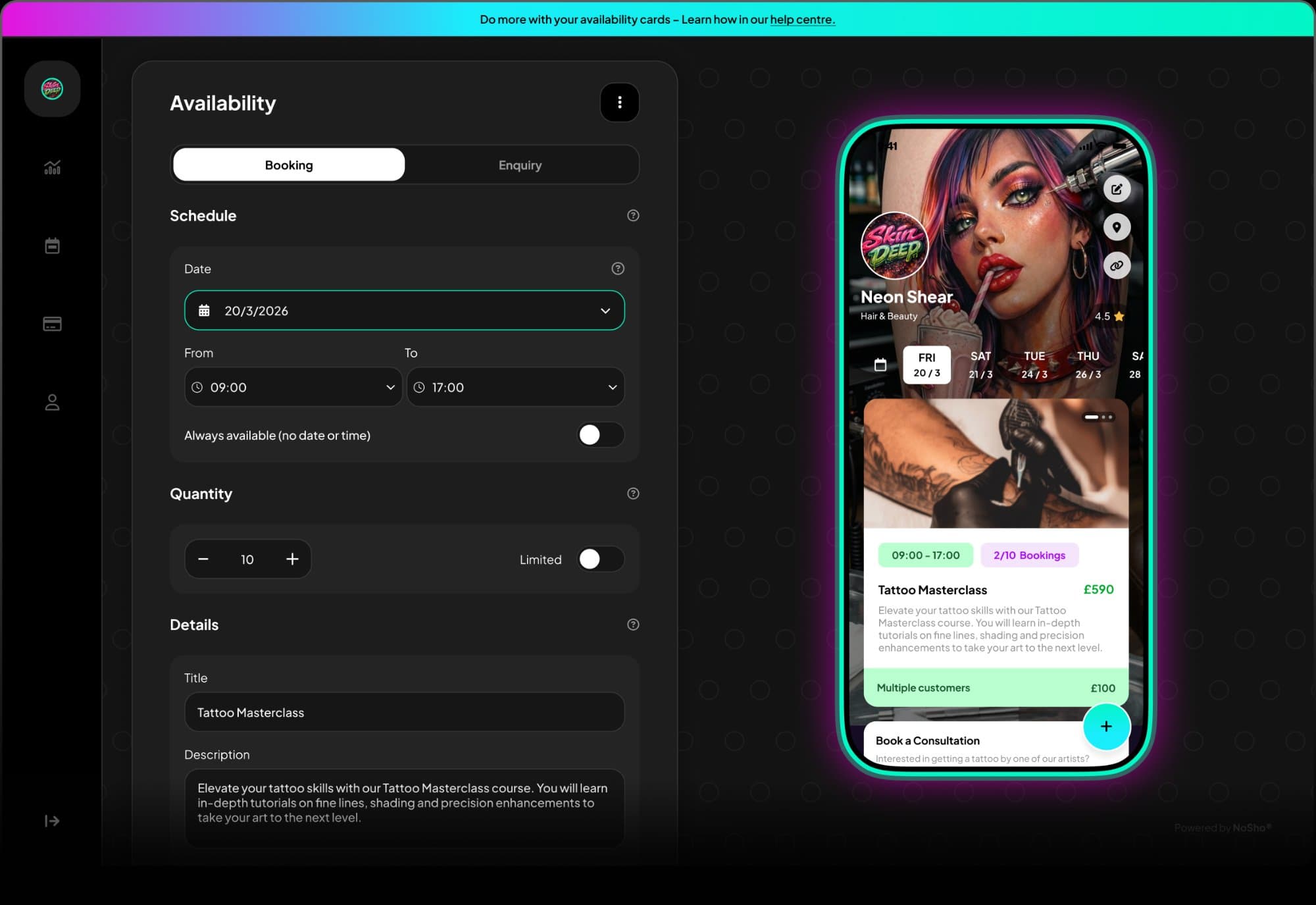 NoSho dashboard and booking profile