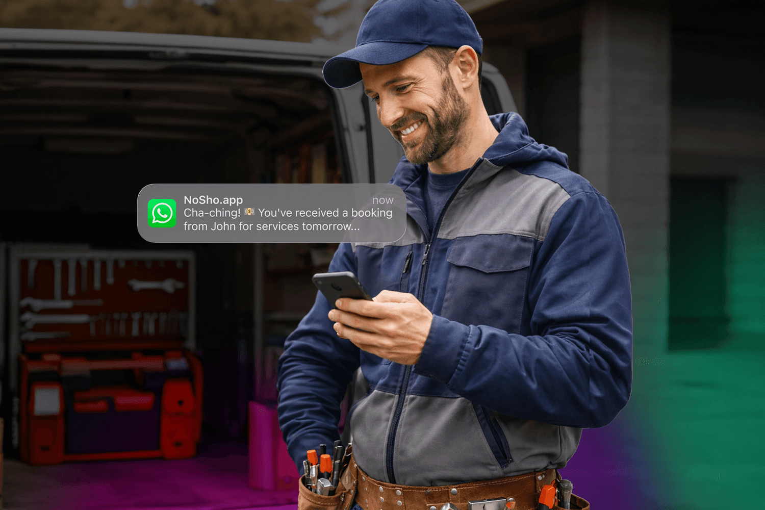 Handyman receiving a booking via NoSho