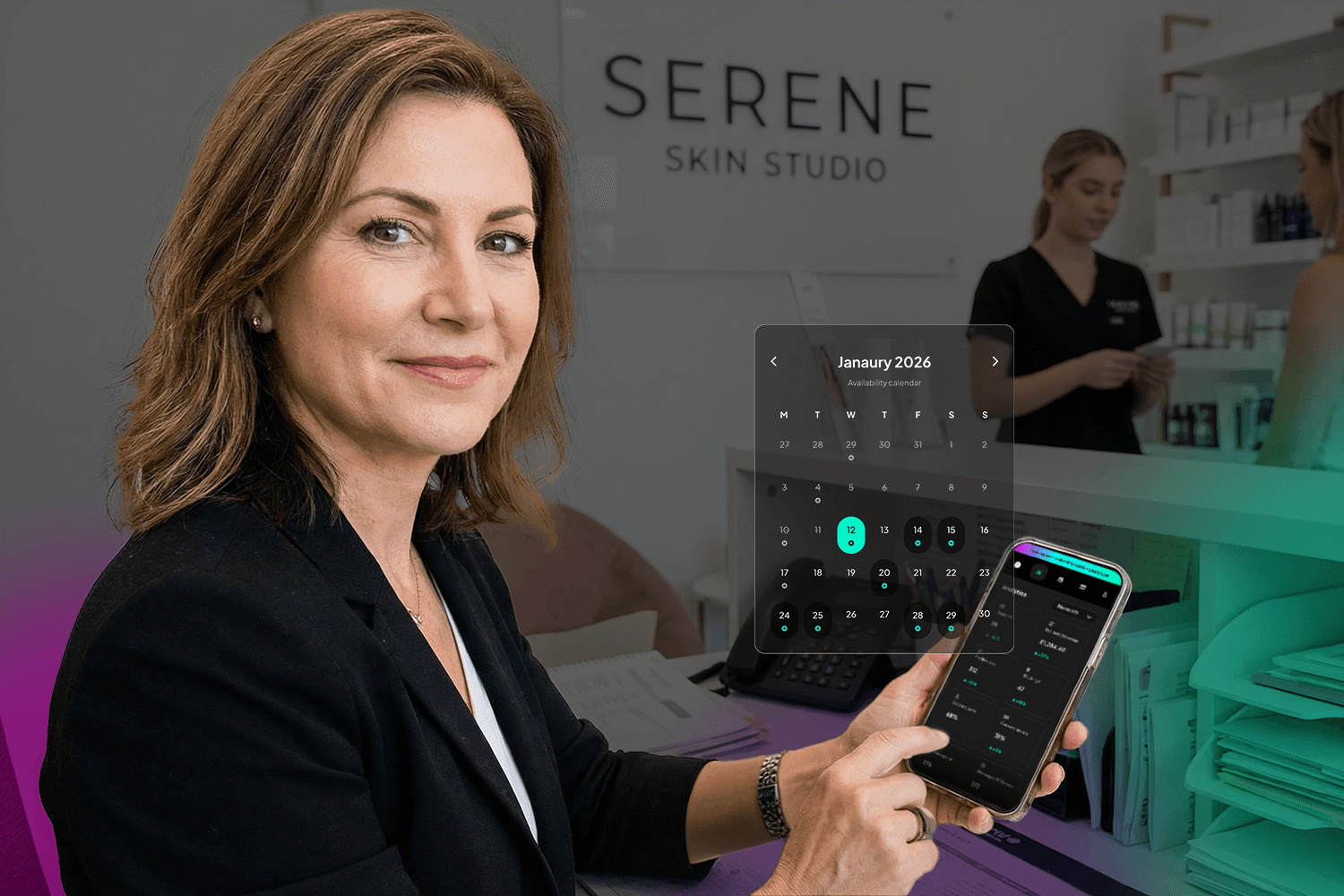 Beauty clinic owner checking appointment schedule on phone
