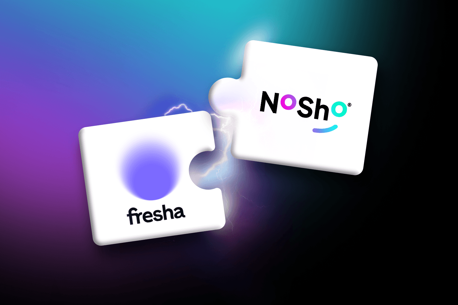 A banner showing two puzzle pieces coming together, one with the Fresha logo and one with the NoSho logo. The headline text reads: 'The missing piece to your booking system,' illustrating how NoSho integrates with existing platforms.