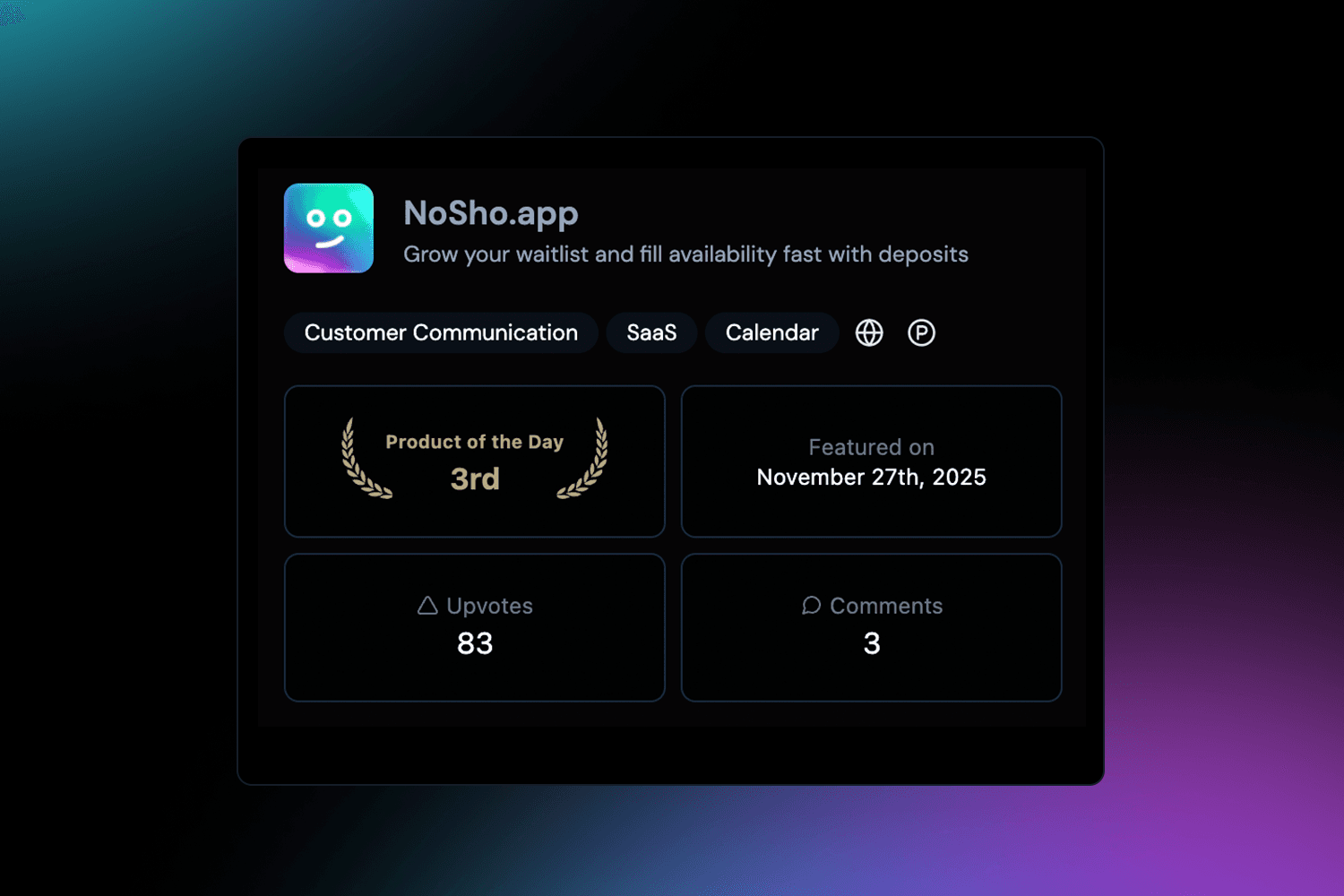 NoSho.app ranked 3rd Product of the Day on Product Hunt - November 27th, 2025 launch stats.